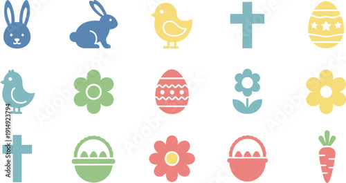 Collection of colorful easter icons featuring rabbits, eggs, flowers, and christian symbols together