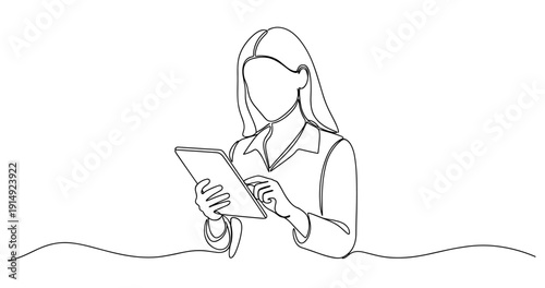 Outline of a woman using tablet: minimalist line art of female professional. No editable stroke