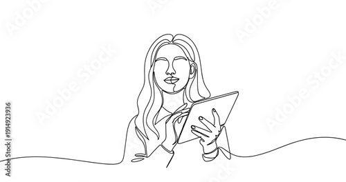 Continuous line drawing of a young caucasian female using a tablet. No editable stroke