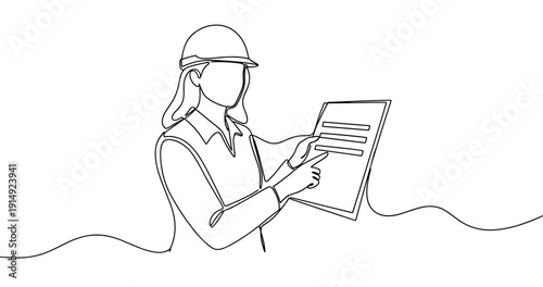 Female engineer reviewing blueprint in continuous line drawing. No editable stroke
