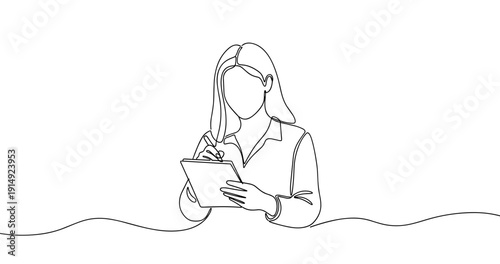 Line art drawing of female using tablet for creative work. No editable stroke