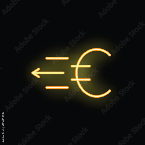 Glowing neon euro sign with an arrow pointing towards it from the left on a black background