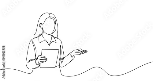 Female presenter with tablet illustration in minimalist line art style. No editable stroke