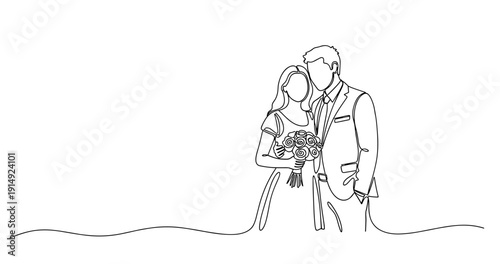 Continuous line art of caucasian young adult bride and groom embracing. No editable stroke
