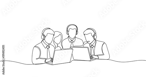 Team of four call center professionals collaborating with laptops. No editable stroke