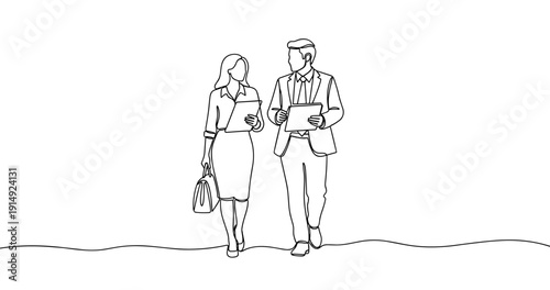 Outline of young caucasian business professionals walking with tablets. No editable stroke