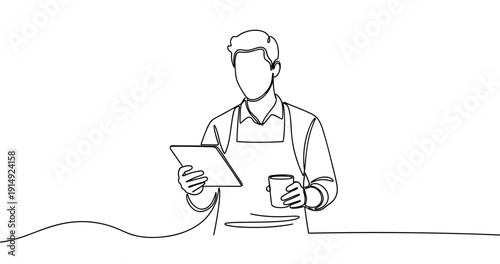 Continuous line drawing of male barista with tablet and coffee cup. No editable stroke