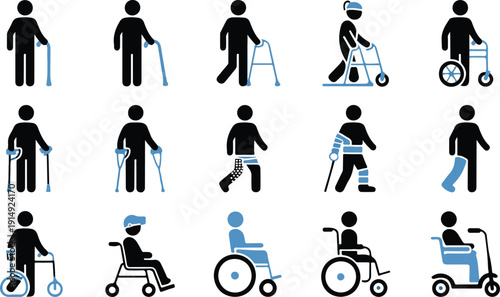 Disability Assistance Silhouette Icon Set  Walking Aids, Wheelchairs and Mobility Devices