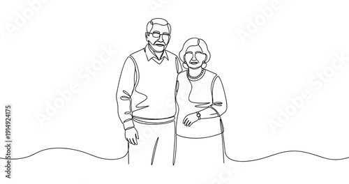 Line art of elderly caucasian couple embracing. No editable stroke