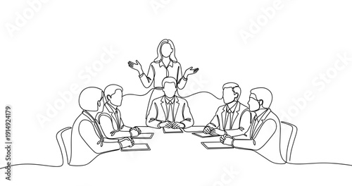Female leader guides business meeting with diverse professionals. No editable stroke
