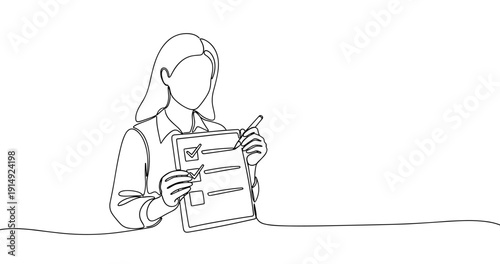 Line art illustration of female holding checklist in office attire. No editable stroke