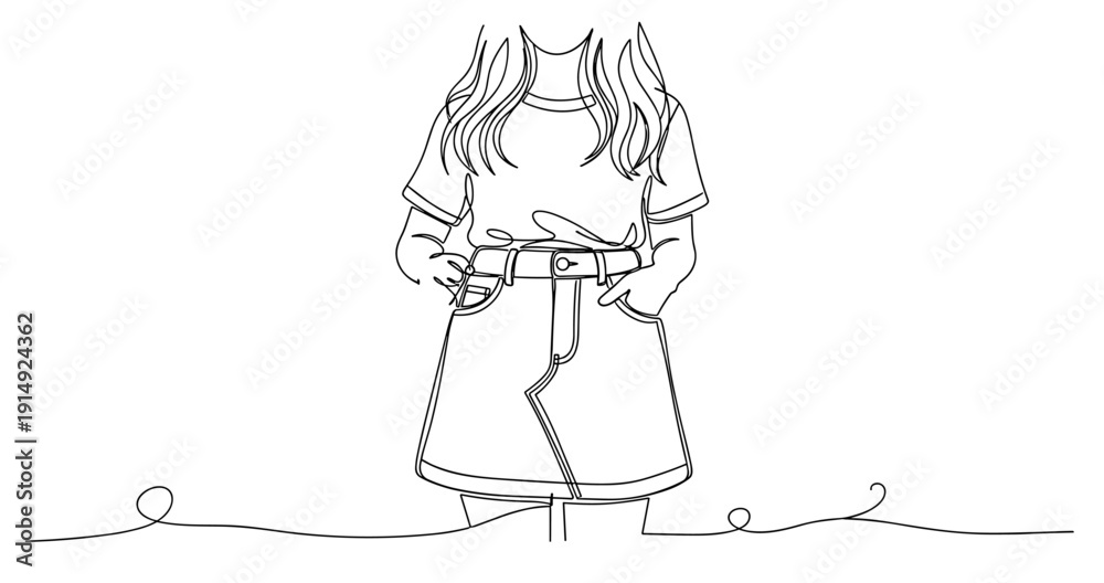 Fototapeta premium Line drawing of young female in casual outfit with skirt and t-shirt. Non editable stroke