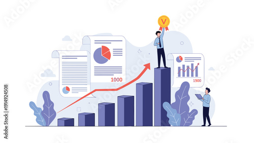 Successful businessman standing on top of a rising bar graph while holding a gold trophy to signify professional achievement.