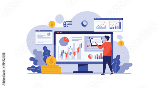 Financial analyst tracking market trends and stock prices on a giant monitor to make informed investment decisions for clients.