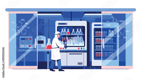 Researcher in a protective suit working in a chemistry laboratory with various flasks and scientific equipment for innovation.
