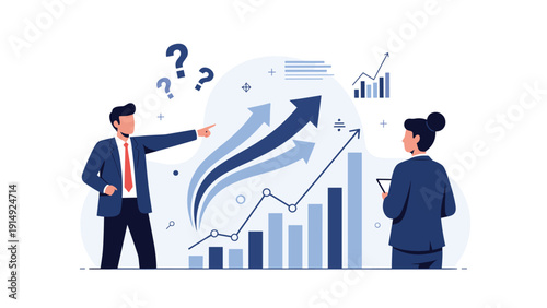 Corporate executives discussing growth strategies in front of rising arrows and bar charts to enhance business profitability.