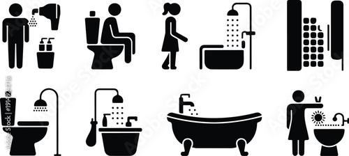 Bathroom and Restroom Silhouette Icon Set  Toilet, Sink, Shower, Bathtub and Hygiene