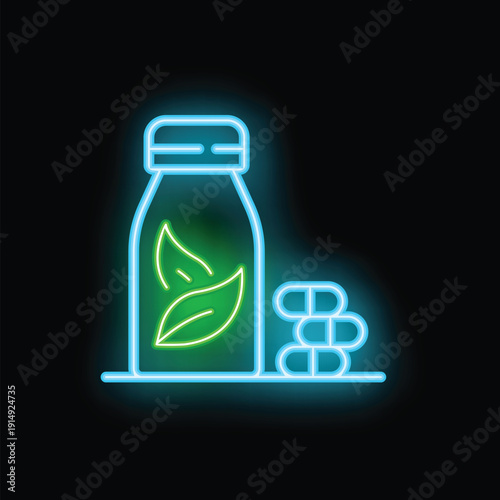Glowing neon line medical bottle with marijuana or cannabis leaf icon isolated on black background. Mock up of cannabis oil. Vector illustration