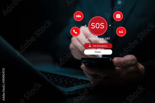 Mobile SOS emergency alert with emergency response services, medical rescue, and public safety communication technology system.