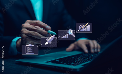 Foto Business growth strategy with KPI analytics, performance tracking, and project roadmap for startup scaling and target achievement