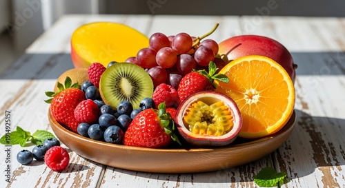 A plate of fresh fruit on a wooden table