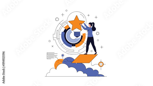 Ambitious woman reaching for a bright golden star above a lightbulb to symbolize goal setting, success, and high achievement.