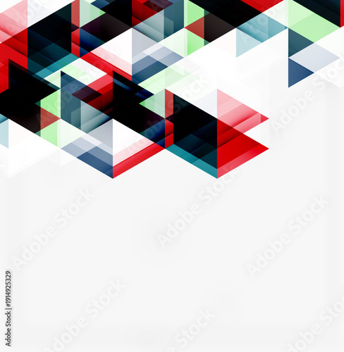 Abstract geometric design. Overlapping triangles create dynamic visual texture. Red, black, green hues dominate upper portion. White space below.