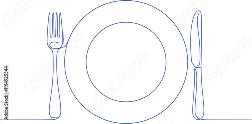 Line fork, knife and plate. Continuous one line drawing cutlery, cooking utensils. Hand drawn dishware for restaurant logo or menu cover in linear style art concept vector illustration..