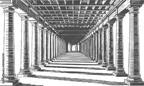 Long corridor with classical columns, perspective view of ancient architectural colonnade
