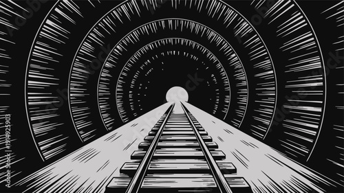 Illustration of railway tracks leading through a long tunnel with concentric light patterns in a black and white