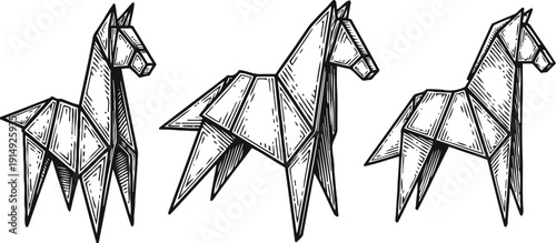 Hand drawn origami animals set paper horse, dog, and llama sketches in black and white geometric folded shapes illustration