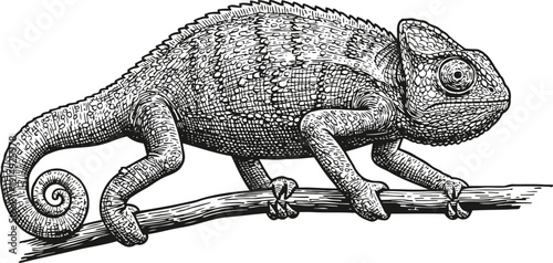 Detailed black and white illustration of a chameleon crawling on a branch, reptile wildlife sketch