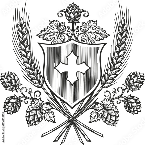 Heraldic crest with shield and cross surrounded by wheat stalks and hop cones illustration