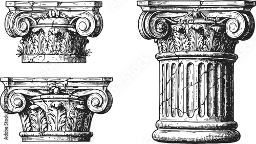 Classical corinthian column capitals with ornate acanthus leaves and volutes architectural elements