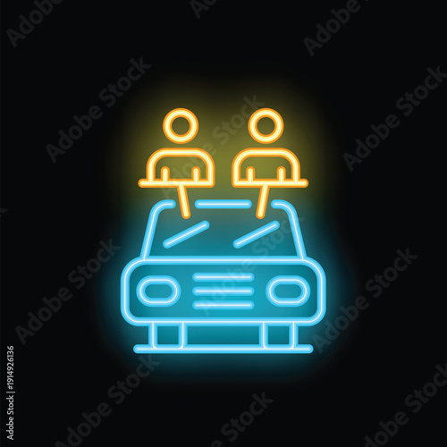 Glowing neon line icon of a car sharing service with two drivers or passengers, isolated on black background
