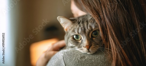 The cat with green eyes resting on a woman's shoulder in warm embrace