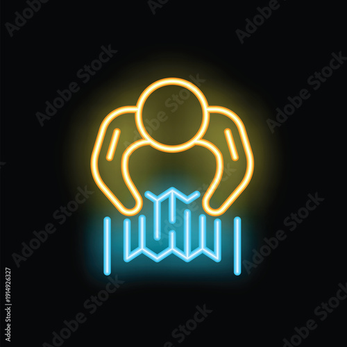 Bright yellow neon sign of two hands carefully holding a blue map, perfect for a navigation app or a website