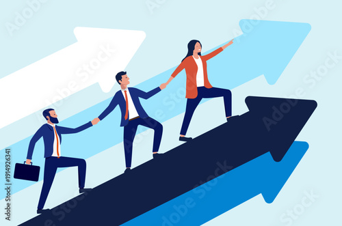 Group of business professionals helping each other climb up a series of large ascending arrows representing teamwork, career progression and company growth, flat design vector illustration