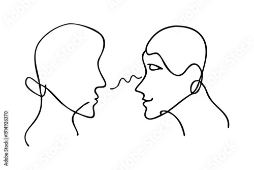 Single continuous line drawing of two faces looking at each other, expressing empathy and deep connection, minimalist and elegant.