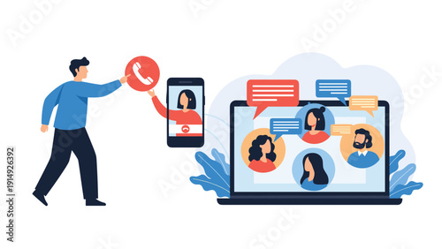 Man initiating a phone call while a diverse team participates in a video conference on a laptop to represent remote work.