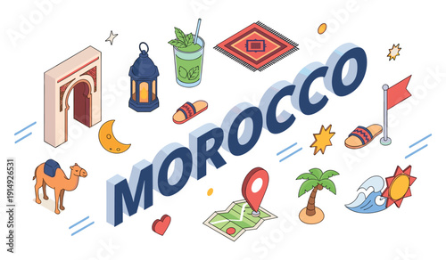 Morocco travel icons: camel, lantern, map, and traditional decor