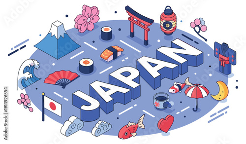 Japan cultural icons: sushi, cherry blossoms, torii gate, koi fish, and mount fuji