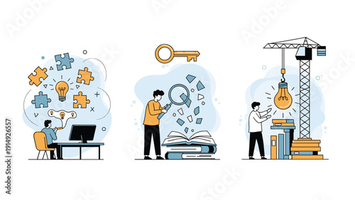 Three panels depicting a designer brainstorming, a researcher studying books, and a crane lifting a glowing lightbulb idea.