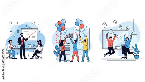 Three scenes of office life featuring a data presentation, team celebration with balloons, and jumping for joy after success.