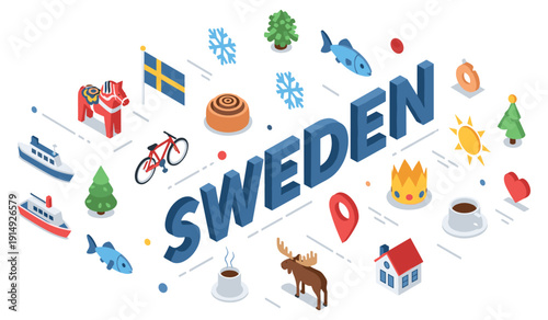 Isometric sweden icons: culture, nature, and traditions