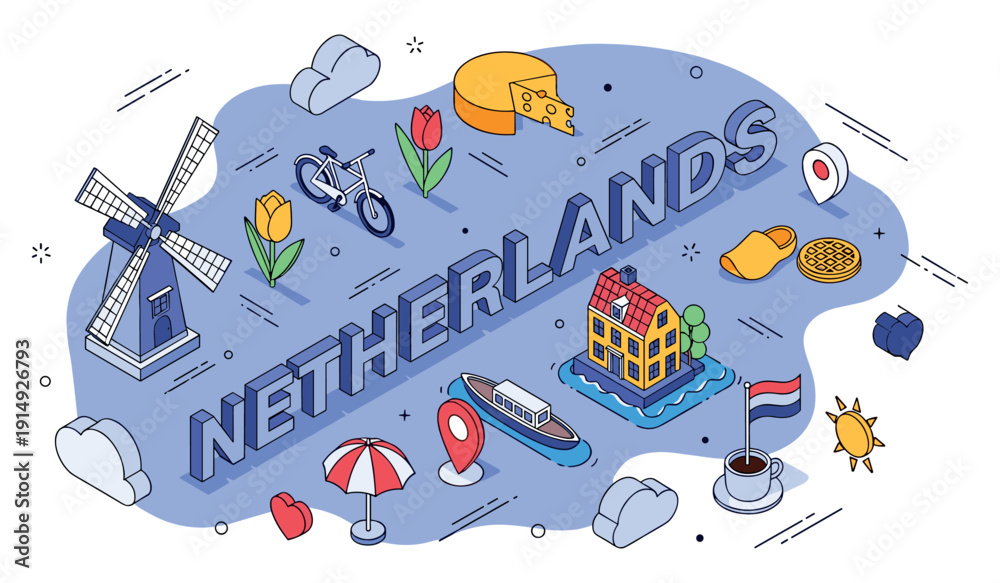 Naklejka premium Netherlands icons: windmill, tulip, cheese, bicycle, canal house, dutch flag
