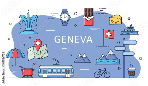 Geneva landmarks illustrated: chocolate, cheese, fountain, tram, and more