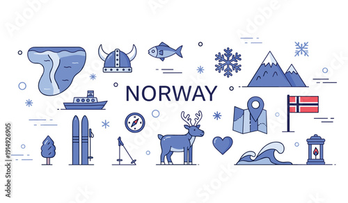 Norway icons: nature, culture, and adventure symbols in blue
