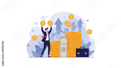 Successful businessman celebrating financial growth and profit while surrounded by falling gold coins and rising bar charts in a business setting.