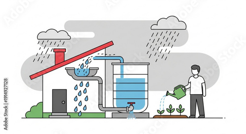Rainwater harvesting system for home watering plants on a rainy day with a man using a watering can